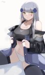  1girl :o absurdres bangs black_legwear black_sports_bra blue_hair blue_jacket breasts chcn cleavage collarbone eyebrows_visible_through_hair feet_out_of_frame girls&#039;_frontline green_eyes hair_between_eyes hair_ornament hairclip highres hk416_(girls&#039;_frontline) jacket jacket_pull long_hair looking_at_viewer medium_breasts navel on_floor open_clothes open_jacket open_mouth panties sitting solo sports_bra spread_legs teardrop_facial_mark teardrop_tattoo thighhighs underwear white_background white_panties 