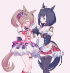  2girls animal_ears apron bangs black_hair black_legwear blue_eyes blush bow breasts brown_hair center_frills cleavage clenched_hands closed_eyes commentary_request dress eishin_flash_(umamusume) feet_out_of_frame frills garter_straps hair_bow hand_in_another&#039;s_hair highres horse_ears horse_girl horse_tail komasawa_(fmn-ppp) medium_breasts multiple_girls open_mouth short_twintails skirt smart_falcon_(umamusume) smile suspender_skirt suspenders tail thighhighs twintails umamusume waist_apron white_dress 