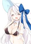  1girl azur_lane bangs bare_shoulders bikini black_bikini blush braid breasts cleavage closed_eyes commentary_request eyebrows_visible_through_hair hat highres jewelry kinomiki_(tales22) large_breasts long_hair navel official_alternate_costume open_mouth smile solo swimsuit vestal_(azur_lane) vestal_(revigorating_hestia)_(azur_lane) 