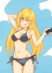  +_+ 1girl absurdres bikini black_bikini blonde_hair blue_sky breasts brown_eyes cloud cowboy_shot day halterneck highres large_breasts long_hair looking_at_viewer shokuhou_misaki side-tie_bikini sky solo standing swimsuit tanaka_yuuichi toaru_kagaku_no_railgun toaru_majutsu_no_index tongue tongue_out 