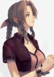  1girl absurdres aerith_gainsborough black_ribbon bow bracelet braid braided_ponytail breasts brown_hair brown_jacket choker cleavage collared_jacket dress_shirt final_fantasy final_fantasy_vii grey_background hair_bow hair_intakes highres jacket jewelry long_hair medium_breasts misaki_nonaka open_clothes open_jacket own_hands_clasped own_hands_together pink_bow pink_shirt ribbon ribbon_choker shiny shiny_hair shirt short_sleeves sidelocks simple_background solo upper_body wing_collar 