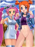  2girls blue_eyes bottomless breasts choker clenched_hand gloves goggles green_eyes hand_on_hip hips jacket long_hair lovrina lovrina_(pokemon) midriff minidress mirei mirei_(pokemon) multiple_girls nintendo open_mouth orange_hair panties pantyshot photoshop pink_hair pointing pokemoa pokemon pokemon_(game) pokemon_colosseum pokemon_xd pussy rui shirt short_dress short_hair short_twintails thighhighs twintails uncensored underwear very_long_hair white_gloves white_panties 