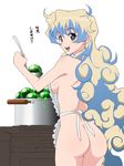  1girl apron ass blue_eyes blue_hair blush breasts cloud_hair commentary_request cooking earrings jewelry long_hair looking_back mameshiba medium_breasts multicolored multicolored_eyes naked_apron nia_teppelin open_mouth sideboob smile solo tengen_toppa_gurren_lagann translated very_long_hair 