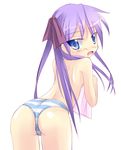  blue_eyes blush hiiragi_kagami kuro_(be_ok) long_hair looking_back lucky_star panties purple_hair ribbon solo striped striped_panties topless tsurime twintails underwear 