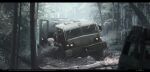  car chinese_commentary commentary_request english_text exhaust forest ground_vehicle haguruma_c highres jeep letterboxed maz-537 motor_vehicle mud nature no_humans original scenery splashing tree truck vehicle_focus water 