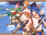  3girls 5boys bandana black_wings blue_background blue_eyes blue_hair bow_(breath_of_fire) breath_of_fire breath_of_fire_ii brown_eyes brown_gloves clenched_hand crossbow ekaru_hoppe_de_pe_tapeta feathered_wings fingerless_gloves frog gloves green_eyes highres holding holding_sword holding_weapon kirikuraria knife monkey multiple_boys multiple_girls nina_(breath_of_fire_ii) outdoors pink_hair ponytail rand_marks rinpoo_chuan ryuu_(breath_of_fire_ii) sky sleeveless spar staff standing sten_legacy sword tail weapon whip wings 