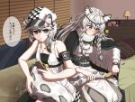  2girls ^^^ animal_ear_fluff animal_ears arknights armband bangs bare_shoulders bead_necklace beads belt black_bandeau black_belt black_cape black_gloves black_hair blush braid breasts cabbie_hat cape checkered checkered_headwear cliffheart_(arknights) closed_mouth collarbone commentary_request cowboy_shot dress eyebrows_visible_through_hair gloves grey_eyes grey_legwear hair_between_eyes hat head_chain holding holding_brush holding_tail indoors jewelry lamp leopard_ears leopard_girl leopard_tail long_hair long_sleeves midriff multicolored_hair multiple_girls necklace nose_blush on_bed parted_lips pillow pramanix_(arknights) radio shironekoban short_hair siblings side_braids sidelocks silver_hair sisters sitting sitting_on_bed sleeveless_duster small_breasts speech_bubble spotted_fur streaked_hair sweat tail tail_brushing thighhighs translated turtleneck_dress twin_braids two-tone_hair underbust very_long_hair watch white_dress window_shade wristwatch 