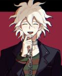  1boy bangs black_background black_jacket blush chain chained collar collarbone danganronpa_(series) danganronpa_another_episode:_ultra_despair_girls green_sweater grey_hair hair_between_eyes hand_on_own_chin hand_up highres jacket komaeda_nagito long_sleeves looking_at_viewer male_focus messy_hair metal_collar official_alternate_costume red_background red_sweater shirt solo striped striped_shirt sweater upper_body zhileng_kong_tiao 