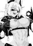 1girl animal_ears areolae bra bra_lift breasts chest_strap cnanao cropped_jacket dark_skin fangs fur_trim gloves greyscale heart heart-shaped_pupils long_sleeves looking_over_eyewear midriff monochrome navel nipple_piercing nipple_rings nipples ok_sign original piercing short_hair sunglasses symbol-shaped_pupils tail toned tongue tongue_out underwear white_hair 