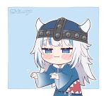  1girl :3 blue_eyes blue_hoodie chibi eyebrows eyebrows_visible_through_hair fake_horns gawr_gura hands_up helmet hololive hololive_english hood hoodie horned_headwear horns kukie-nyan multicolored_hair shark_print squinting streaked_hair the_elder_scrolls the_elder_scrolls_v:_skyrim twitter_username viking virtual_youtuber white_hair 