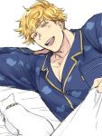  1boy animal bangs bara bed blonde_hair blue_pajamas blush cat granblue_fantasy green_eyes large_pectorals looking_at_animal lying male_focus muscular muscular_male on_bed on_side open_mouth pajamas pectoral_cleavage pectorals sat_0804 short_hair smile solo teeth under_covers upper_body upper_teeth vane_(granblue_fantasy) white_background 