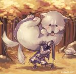  animal armor artorias_the_abysswalker autumn_leaves cat dark_souls_(series) dark_souls_i full_armor great_grey_wolf_sif grey_fur highres holding knight nature omochi_anko3 outdoors oversized_animal tail tail_wagging tree wolf 