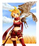  1girl alternate_color bangs belt bird blue_sky border bow bow_(weapon) bra_strap breasts brown_belt brown_gloves cleavage cloud commentary_request falcon falconry feet_out_of_frame gloves hair_bow hairband holding holding_bow_(weapon) holding_weapon kiri_nada looking_at_animal medium_breasts midriff navel open_mouth orange_hair outside_border pouch ragnarok_online ranger_(ragnarok_online) red_eyes red_legwear red_scarf red_shorts red_tube_top scarf short_hair shorts single_glove sky smile solo thighhighs weapon wheat_field white_border yellow_bow yellow_hairband 
