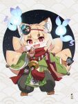  1girl :d animal_ear_fluff animal_ears bangs barefoot between_fingers black_pants blonde_hair card commentary_request eyebrows_visible_through_hair fang fox_ears fox_girl fox_tail full_body furry furry_female green_kimono hakama hakama_pants highres hitodama holding holding_card indie_virtual_youtuber japanese_clothes kamiya_ris kimono kitsune kuji-in kuro_kosyou long_sleeves pants red_eyes short_eyebrows smile solo tail thick_eyebrows virtual_youtuber wide_sleeves 