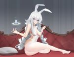  +_+ 1girl absurdres animal_ears ass azur_lane bangs blue_eyes braid breasts bug butterfly closed_mouth couch cup drinking_glass expressionless eyebrows_visible_through_hair fake_animal_ears from_side full_body glass hair_between_eyes hair_ornament hairclip highres le_malin_(azur_lane) le_malin_(listless_lapin)_(azur_lane) legs long_hair looking_at_viewer medium_breasts multicolored_eyes no_shoes official_alternate_costume pantyhose pillow pink_nails playboy_bunny rabbit_ears side_slit silver_hair simple_background sitting soles solo thighs toes twin_braids white_legwear wine_glass zhanggong 
