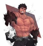  1boy abs avenger_(dungeon_and_fighter) bara beard belt black_hair body_fur brown_belt clenched_teeth dark-skinned_male dark_skin dungeon_and_fighter facial_hair feet_out_of_frame frown large_pectorals looking_at_viewer magic male_focus mature_male muscular muscular_male navel nipples pectorals priest_(dungeon_and_fighter) red_eyes short_hair solo stomach teeth tengo_(maotengo) thick_eyebrows topless_male 