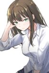  1girl brown_hair closed_mouth commentary_request dress_shirt eyebrows_visible_through_hair green_eyes hand_in_hair highres idolmaster idolmaster_cinderella_girls long_hair looking_at_viewer shibuya_rin shirt simple_background sleeves_rolled_up solo unu_(unucence) white_background white_shirt 