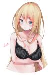  1girl absurdres bismarck_(kancolle) black_bra blonde_hair blue_eyes bra breasts cleavage collarbone commentary_request haggy highres kantai_collection large_breasts long_hair looking_to_the_side one-hour_drawing_challenge simple_background solo twitter_username underwear upper_body white_background 