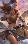  1girl absurdres aloy_(horizon) arrow_(projectile) beads bow_(weapon) braid breasts brown_hair cleavage drawing_bow earpiece green_eyes hair_beads hair_ornament highres holding holding_bow_(weapon) holding_weapon horizon_zero_dawn jewelry lips long_hair medium_breasts midriff multiple_braids navel necklace nopeys solo tribal watermark weapon web_address 