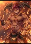 1boy abs bara chest_tattoo curled_horns dark-skinned_male dark_skin demon_boy demon_horns fire forked_eyebrows highres horns ifrit_(housamo) jewelry looking_at_viewer male_focus muscular muscular_male navel navel_hair necklace nipples orange_eyes pectorals pelvic_curtain pointy_ears pyrokinesis red_hair revealing_clothes short_hair solo spiked_hair stomach tattoo tengo_(maotengo) thick_eyebrows thighs tokyo_afterschool_summoners topless_male 