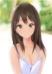  1girl bare_shoulders black_hair breasts cleavage closed_mouth collarbone earrings eyebrows_visible_through_hair idolmaster idolmaster_cinderella_girls jewelry long_hair looking_at_viewer nannacy7 shibuya_rin smile solo tank_top white_tank_top 