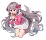  1girl :3 absurdres bangs biting blush bow breasts clothes_writing drawstring eating eyebrows_visible_through_hair food full_body grey_hair hair_between_eyes hair_bow highres holding holding_food hood hood_down hoodie jumping kk_(aky2374) layered_sleeves long_hair long_sleeves looking_at_food looking_away miniskirt pink_bow pink_eyes pink_hoodie pleated_skirt real_life shiny shiny_skin shoes simple_background skirt sleeves_past_wrists solo tail very_long_hair white_background white_footwear white_skirt wrapper yangazi_(dkwl025) 