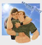  2012 2boys ^_^ abs baharu bara blush brown_hair cheek-to-cheek closed_eyes clothes_lift couple cropped_torso hand_on_another&#039;s_stomach heads_together hug hug_from_behind lifted_by_another male_focus mature_male multiple_boys muscular muscular_male navel navel_hair original shirt_lift short_hair sideburns smile stomach sunlight thick_eyebrows yaoi 