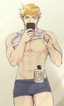  1boy abs bangs bara bare_pectorals blonde_hair blue_male_underwear blush boxers bulge clothes_lift erection erection_under_clothes granblue_fantasy green_eyes holding holding_phone large_pectorals lifted_by_self looking_at_phone male_focus male_underwear muscular muscular_male navel nipples object_on_bulge pectorals phone sat_0804 shampoo shampoo_bottle shampoo_challenge short_hair solo tank_top thick_thighs thighs underwear vane_(granblue_fantasy) white_tank_top 
