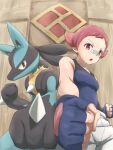  1girl :o bandaid bandaid_on_nose bare_arms blue_bodysuit blue_gloves bodysuit breasts clenched_hands commentary_request fingerless_gloves from_below gloves highres itsudzumi lucario maylene_(pokemon) open_mouth pants pink_eyes pink_hair pokemon pokemon_(creature) pokemon_(game) pokemon_dppt short_hair tongue white_pants 