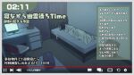 1girl bed blanket border brown_hair chair commentary_request computer curtains desk fake_screenshot grey_border highres hood hood_down indoors laptop livestream long_hair lying on_bed on_side original sho_bu_1116 sleeping solo timestamp translation_request wooden_floor 