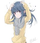 1girl :o adjusting_hair arms_up bangs blue_hair commentary_request core_(mayomayo) cowboy_shot dated grey_scarf hands_in_hair long_hair long_sleeves messy_hair parted_lips purple_eyes scarf shima_rin simple_background solo sweater translation_request white_background yellow_sweater yurucamp 