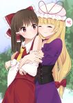  2girls :&lt; ascot bangs bare_shoulders blonde_hair blush bow breasts brown_eyes brown_hair choker cleavage closed_eyes closed_mouth collarbone commentary_request corset dot_nose dress eyebrows_visible_through_hair frilled_bow frilled_shirt_collar frilled_sleeves frills hair_bow hair_ribbon hair_tubes hakurei_reimu hat hat_ribbon heart highres hug hug_from_behind large_breasts long_hair long_sleeves looking_at_another looking_back medium_breasts mob_cap multiple_girls nontraditional_miko puffy_short_sleeves puffy_sleeves purple_dress red_bow red_choker red_ribbon red_skirt red_vest ribbon ribbon-trimmed_sleeves ribbon_choker ribbon_trim short_hair short_sleeves sidelocks skirt smile spoken_heart standing stigma1101 sweatdrop touhou tress_ribbon upper_body vest white_headwear wide_sleeves yakumo_yukari yellow_neckwear 