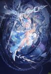  1girl :3 :d anklet arm_up atdan bangs bare_legs barefoot barefoot_sandals blue_dress blue_eyes blue_hair breasts clock dress feet fish gears hair_between_eyes haiyi highres jellyfish jellyfish_hair_ornament jewelry legs looking_at_viewer open_mouth short_hair smile solo strapless strapless_dress synthesizer_v toe_ring 