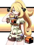  1girl absurdres alternate_costume alternate_hairstyle bangs blonde_hair breasts camouflage camouflage_shirt camouflage_shorts closed_mouth collared_shirt commentary_request cowboy_shot cynthia_(pokemon) eyelashes grey_eyes hair_ornament hair_over_one_eye hand_up highres long_hair looking_at_viewer pokemon pokemon_(game) pokemon_dppt pokemon_swsh ponytail shabana_may shirt short_sleeves shorts side_slit side_slit_shorts smile solo 
