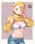  ! 1girl blonde_hair blush bra changing_clothes contemporary denim dungeon_meshi elf green_eyes highres jack_(haist) jeans marcille navel pants pointy_ears spoken_exclamation_mark surprised sweatdrop sweater turtleneck turtleneck_sweater underwear white_bra yellow_sweater 