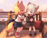  2girls :o animal_ear_fluff animal_ears backpack bag black_footwear black_sailor_collar black_serafuku black_shirt black_skirt blonde_hair blue_eyes blue_skirt blush boots brown_eyes closed_mouth commentary crepe day food fox_ears fox_girl fox_tail grey_hair grey_legwear highres holding holding_food konununui multiple_girls neck_ribbon neckerchief on_bench one_eye_closed original outdoors parted_lips pleated_skirt randoseru red_footwear red_neckerchief red_ribbon ribbon sailor_collar school_bag school_uniform serafuku shirt shoes short_eyebrows sitting sitting_on_bench skirt socks tail thick_eyebrows water white_legwear white_shirt 