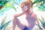  1girl blonde_hair blue_sky braid breasts breasts_apart cloud collarbone covered_navel cutoffs denim denim_shorts fate/grand_order fate_(series) french_braid green_eyes hair_between_eyes head_rest iwanaga_tm light_smile looking_at_viewer mordred_(fate) mordred_(fate/apocrypha) off_shoulder palm_tree red_scrunchie scrunchie see-through shirt shorts sky small_breasts smile solo thighs tree twitter_username wet white_shirt 