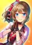  1girl aqua_eyes blush bow brown_hair choker corset eyebrows_visible_through_hair gloves hair_bow hair_ornament highres idolmaster idolmaster_cinderella_girls idolmaster_cinderella_girls_starlight_stage jacket long_hair own_hands_together sakura_ran shibuya_rin side_ponytail smile solo 