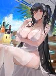  1girl 550098 absurdres alcohol azur_lane beach_umbrella black_hair breasts center_opening cocktail_dress dress evening_gown eyebrows_visible_through_hair garter_straps hair_between_eyes hair_ornament hair_strand highres huge_breasts jewelry long_hair manjuu_(azur_lane) necklace official_alternate_costume outdoors plunging_neckline red_eyes ring satin_dress sitting sleeveless sleeveless_dress solo taihou_(azur_lane) taihou_(temptation_on_the_sea_breeze)_(azur_lane) umbrella very_long_hair wedding_dress wedding_ring white_dress white_garter_straps 