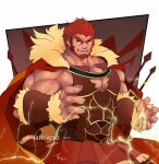  1boy armor bara beard bracer breastplate cape cleavage_cutout clothing_cutout facial_hair fate/zero fate_(series) feet_out_of_frame fur-trimmed_cape fur_trim grin iskandar_(fate) large_pectorals leather lightning looking_at_viewer male_focus mature_male muscular muscular_male pectoral_cleavage pectorals red_eyes red_hair short_hair sidepec smile solo tengo_(maotengo) thick_eyebrows 