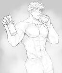  1boy abs bangs bara blush bottle flaccid granblue_fantasy greyscale holding holding_bottle large_pectorals looking_to_the_side male_focus milk milk_bottle monochrome muscular muscular_male navel nipples pectorals penis sat_0804 see-through short_hair solo sweat towel towel_around_waist vane_(granblue_fantasy) 