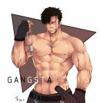  1boy abs alternate_pectoral_size bangs bara black_hair blood blood_on_face cowboy_shot dog_tags fingerless_gloves gangsta gloves holding holding_sword holding_weapon large_pectorals looking_at_viewer male_focus muscular muscular_male navel nicolas_brown nipples pectorals short_hair sideburns smile solo stomach swept_bangs sword tengo_(maotengo) topless_male weapon 