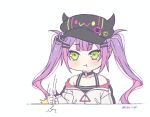  1girl :t black_choker black_headwear blush choker commentary crack desk_slam english_commentary green_eyes grey_jacket hat hololive horned_hat jacket kukie-nyan looking_at_viewer o-ring o-ring_choker purple_hair simple_background solo tokoyami_towa twintails upper_body virtual_youtuber white_background 