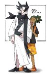  2boys :d absurdres bangs black_footwear black_hair black_scarf black_shirt closed_eyes closed_mouth commentary_request dark-skinned_male dark_skin floral_print framed green_hair grey_hair grimsley_(pokemon) hair_between_eyes hau_(pokemon) highres knees looking_back male_focus multiple_boys notice_lines open_mouth orange_footwear orange_shorts pokemon pokemon_(game) pokemon_sm scarf shirt shoes short_hair short_ponytail short_sleeves shorts sideburns smile standing strap t-shirt teeth tongue translation_request upper_teeth usarinko 