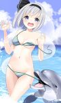  1girl =_= absurdres alternate_costume arms_up bangs bikini black_hairband blue_sky blunt_bangs blush breasts cleavage collarbone commentary day dolphin eyelashes fins flippers green_eyes hairband halterneck highres hitodama konpaku_youmu konpaku_youmu_(ghost) looking_at_another looking_to_the_side medium_breasts navel ocean open_mouth sharp_teeth sidelocks silver_hair sky solo standing stigma1101 stomach string_bikini striped striped_bikini sweatdrop swimsuit teeth thighs tongue touhou wardrobe_malfunction water 