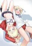  2girls bandeau belt bikini black_footwear blonde_hair blush cameltoe cutoffs denim denim_shorts fate/apocrypha fate/grand_order fate_(series) green_eyes groin highres jacket jewelry looking_at_viewer lying mordred_(fate) mordred_(swimsuit_rider)_(fate) mozu_(peth) multiple_girls necklace on_back open_mouth red_bikini red_jacket shirt short_shorts shorts smile swimsuit swimsuit_under_clothes tied_shirt white_background younger 
