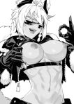  1girl animal_ears areolae bra bra_lift breasts chest_strap cnanao cropped_jacket dark_skin fangs fur_trim gloves greyscale heart heart-shaped_pupils long_sleeves looking_over_eyewear midriff monochrome navel nipples ok_sign original short_hair sunglasses symbol-shaped_pupils tail toned tongue tongue_out underwear white_hair 