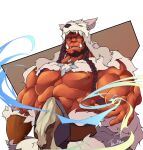  1boy abs aerokinesis bara bare_pectorals beard blue_eyes braid character_request copyright_request dark-skinned_male dark_skin facial_hair fangs feet_out_of_frame fur_(clothing) large_pectorals long_hair looking_at_viewer male_focus mature_male multiple_braids muscular muscular_male nipples orc outstretched_hand pectorals solo tengo_(maotengo) underpec wind wolf_hood 
