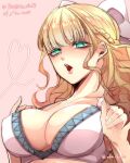  1girl aka8nuki bangs blonde_hair blue_eyes bow braid breasts charlotte_(fire_emblem) cleavage fire_emblem fire_emblem_fates green_eyes heart large_breasts long_hair open_mouth solo undressing upper_body wavy_hair 
