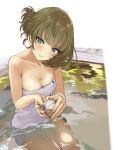  1girl bangs blue_eyes blush breasts cleavage closed_mouth collarbone commentary_request eyebrows_visible_through_hair green_eyes hamedoragon heterochromia idolmaster idolmaster_cinderella_girls looking_at_viewer medium_breasts mole mole_under_eye naked_towel onsen revision simple_background smile solo takagaki_kaede tied_hair towel water water_drop wet white_background 